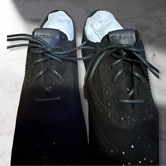 NIB Cole Haan Grand Tour Suede Wintip Oxford In Black Suede Women’s Size 9.5 - Picture 8 of 9